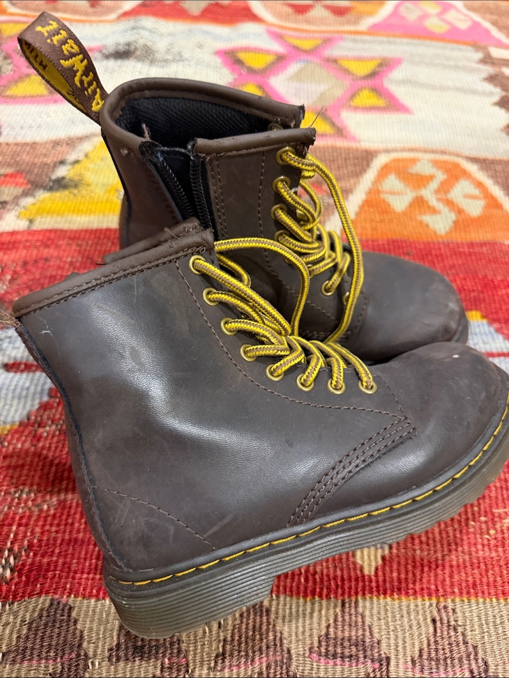 Dr. Martens Kids Brown Leather Boots with Yellow Laces